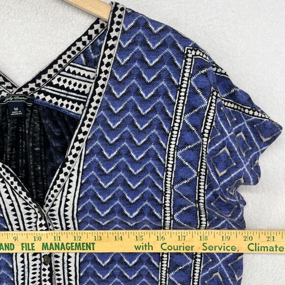 LUCKY BRAND Blouse M Chevron Double V-Neck Button Up Boho Tribal Cap Sleeve Blue - Picture 11 of 13